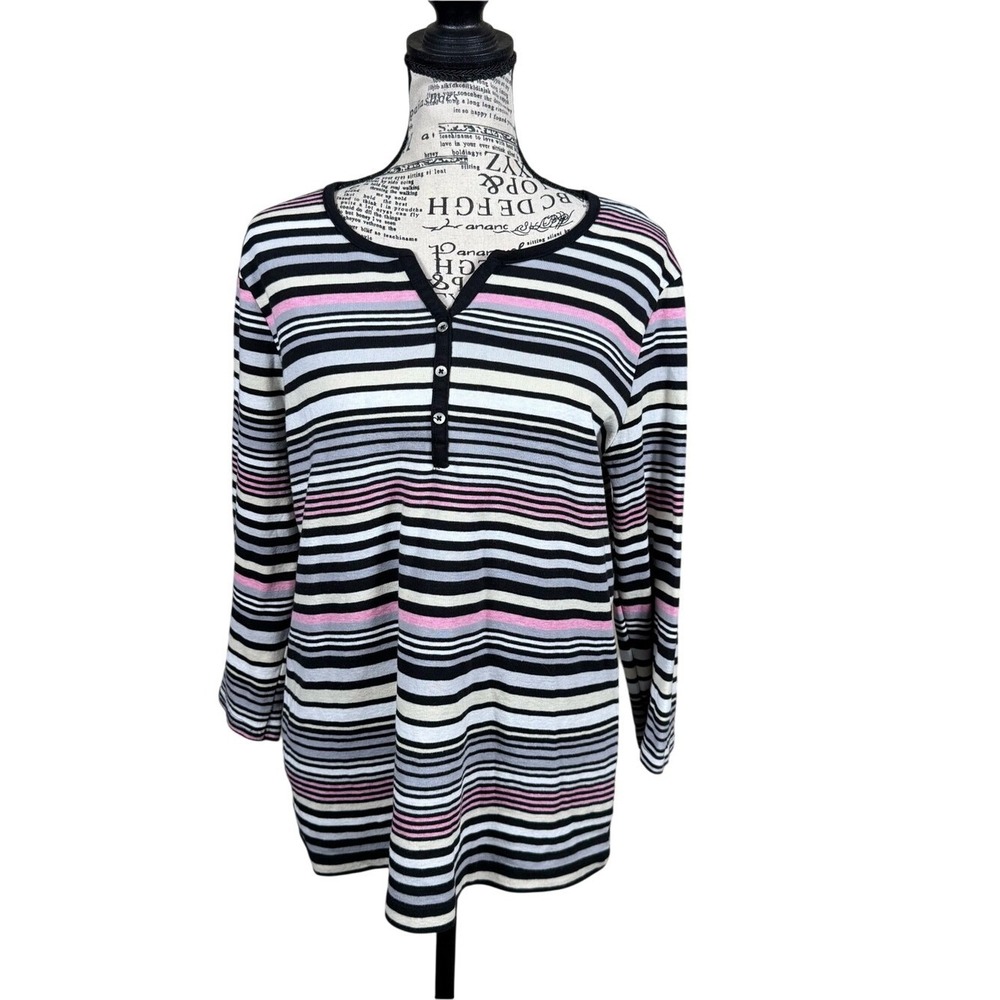 Striped Henley Long Sleeve Top - Black, White & Pink